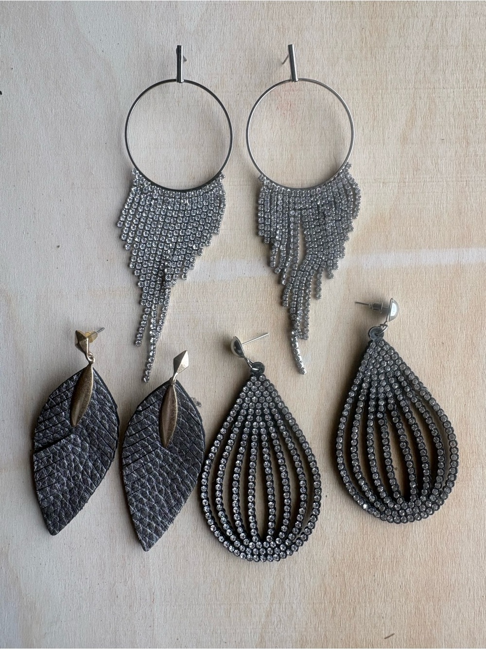 Silver Rhinestone Fringe Hoop and Teardrop Earring Set - VTG Women Jewelry